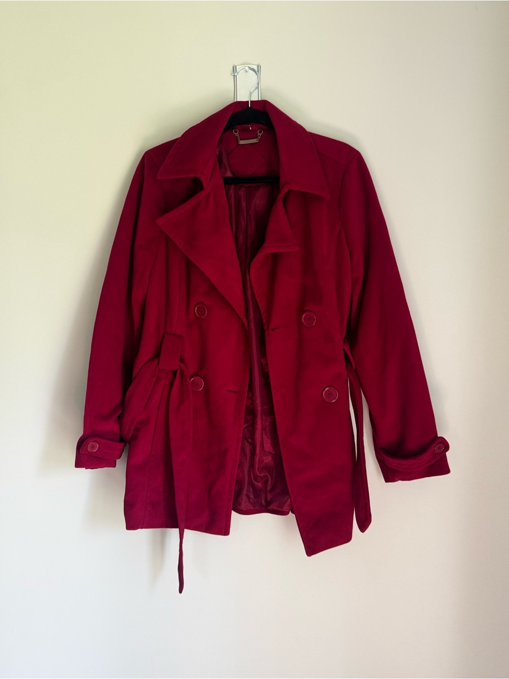 Joujou Women’s Size Large Burgundy Red Double Breasted Belted Peacoat
